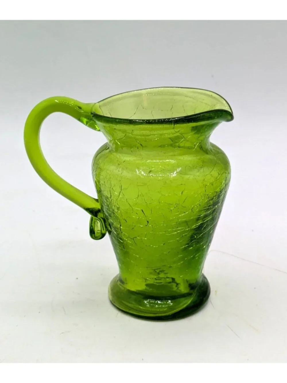 Vintage Green Crackle Glass Small Miniature Pitcher Hand Blown 3.5